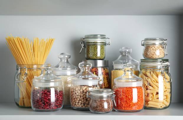 A selection of pantry items being stored in glass jars for best bulk storage and optimal shelf lives.