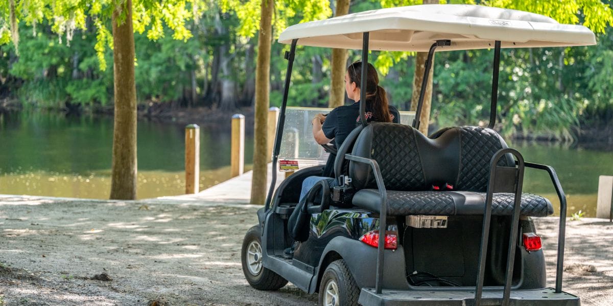 A person drives a black golf cart through a path in the woods. There is foliage, a dock, and a small body of water ahead of the cart.